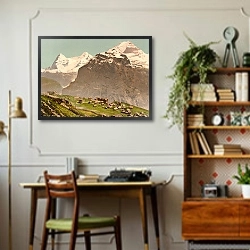 «Швейцария. Горная деревня Мюррен» в интерьере кабинета в стиле ретро над столом
