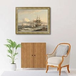 «A British ’74’ unfurling its sails as it prepares to leave the anchorage with a frigate and various coastal craft beyond» в интерьере в классическом стиле над комодом