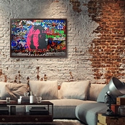 «Граффити: Джон Ленон» в интерьере гостиной в стиле лофт с кирпичной стеной