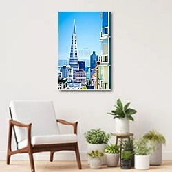 «Сан-Франциско: Взгляд на Трансамерика из улиц города» в интерьере современной комнаты над креслом