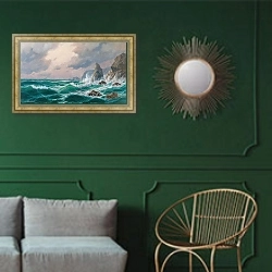 «Stormy Sea before a Rocky Coast» в интерьере классической гостиной с зеленой стеной над диваном