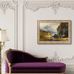 «Индейцы ловят рыбу с помощью копья» в интерьере в классическом стиле над банкеткой