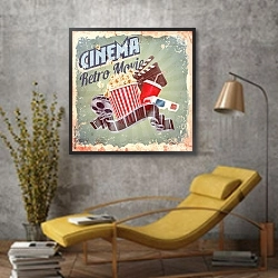 «Кино, ретро-плакат» в интерьере в стиле лофт с желтым креслом