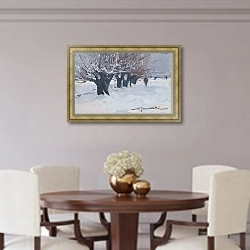 «A row of trees against the background of snow» в интерьере столовой в классическом стиле