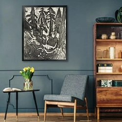 «Горный лес» в интерьере гостиной в стиле ретро в серых тонах