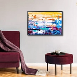 «Абстрактная картина с горизонтальными мазками» в интерьере гостиной в бордовых тонах
