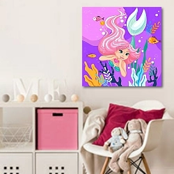 «Beautiful mermaid. Cute mermaid with a heart. Pink hair» в интерьере детской комнаты для девочки с розовыми деталями