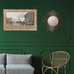 «Le Marché aux fleurs de la Madeleine» в интерьере классической гостиной с зеленой стеной над диваном