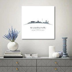 «Вашингтон: Силуэты столицы у белого горизонта» в интерьере современной гостиной с голубыми деталями