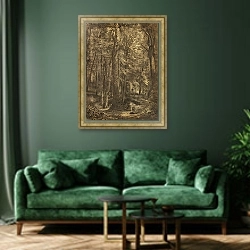 «In The Woods» в интерьере зеленой гостиной над диваном