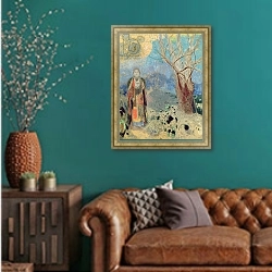 «The Buddha, c.1905» в интерьере гостиной с зеленой стеной над диваном