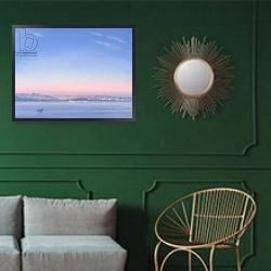 «Dawn over Lake Piccola» в интерьере классической гостиной с зеленой стеной над диваном