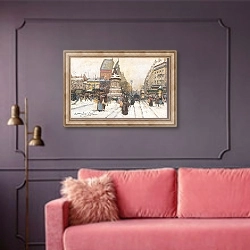 «The Place de Clichy in Snow, Paris» в интерьере гостиной с розовым диваном