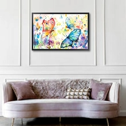 «Красочный фон с летающими бабочками, акварель» в интерьере гостиной в классическом стиле над диваном