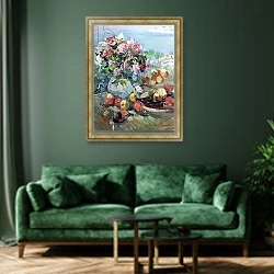 «Flowers, Gurzuf» в интерьере зеленой гостиной над диваном