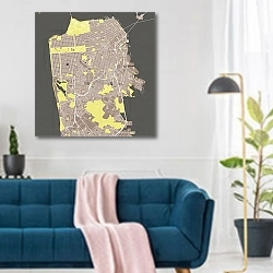 «Геометрия залива: Сан-Франциско, карта urbanistики» в интерьере современной гостиной над синим диваном