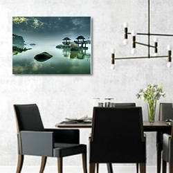 «Туманный рассвет над озером» в интерьере современной столовой с черными креслами