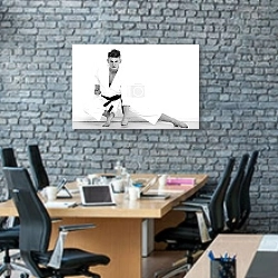 «Бой между двумя бойцами айкидо» в интерьере современного офиса с черной кирпичной стеной