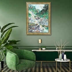 «Альпийский ручей, Отира» в интерьере гостиной в зеленых тонах