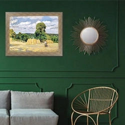 «Harvesting at Montfoucault, 1876» в интерьере классической гостиной с зеленой стеной над диваном