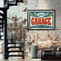 «Винтажный знак гаража с изображением автомобиля и гаечного ключа» в интерьере двухярусной гостиной в стиле лофт с кирпичной стеной