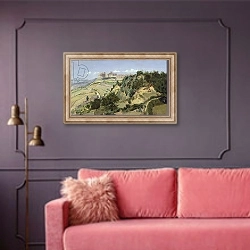 «Volterra, 1834» в интерьере гостиной с розовым диваном