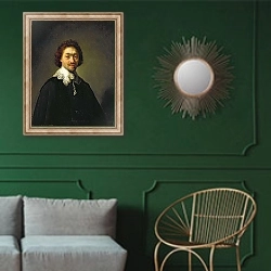«Portrait of Maurits Huygens, 1632» в интерьере классической гостиной с зеленой стеной над диваном