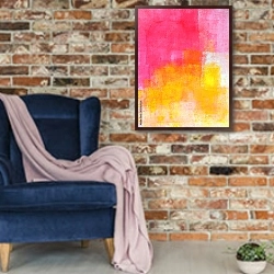 «Жёлто-розовая абстракция» в интерьере в стиле лофт с кирпичной стеной и синим креслом