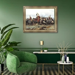 «Подвиг конного полка в сражении при Аустерлице в 1805 году. 1884» в интерьере гостиной в зеленых тонах
