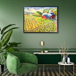 «Wheat Harvest, Kamouraska, Quebec» в интерьере гостиной в зеленых тонах