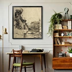 «Pont Neuf in Paris» в интерьере кабинета в стиле ретро над столом