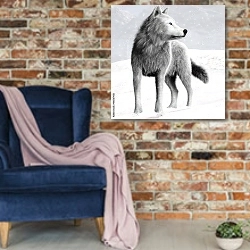 «Белый дикий волк с голубыми глазами на зимнем фоне» в интерьере в стиле лофт с кирпичной стеной и синим креслом