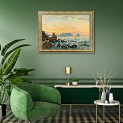 «Capo Zafferano in the gulf of Palermo» в интерьере гостиной в зеленых тонах