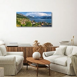 «Город Веггисе на берегу озера Люцерн, Швейцария» в интерьере современной светлой гостиной над комодом