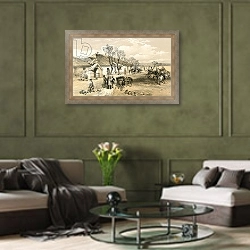 «Lord Raglan's Head Quarters at Khutor-Karagatch» в интерьере гостиной в оливковых тонах