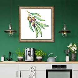 «Оливковая ветвь с незрелыми плодами» в интерьере кухни с зелеными стенами