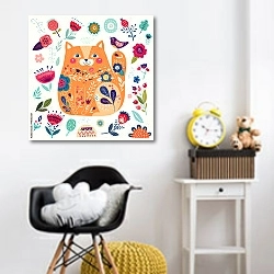 «Милая рыжая кошка с цветочными элементами» в интерьере детской комнаты для девочки с желтыми деталями
