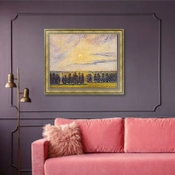 «Закат в Эраньи» в интерьере гостиной с розовым диваном