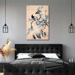 «Живопись в китайском стиле 8» в интерьере современной спальни с черной кроватью