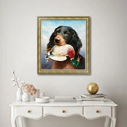 «Гордонский сеттер с уткой-кряквой» в интерьере в классическом стиле над столом