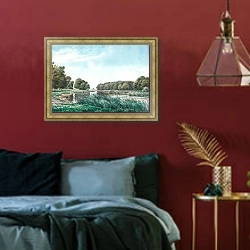 «Trærigt landskab med en sø og tre børn der står og fisker» в интерьере спальни с акцентной стеной
