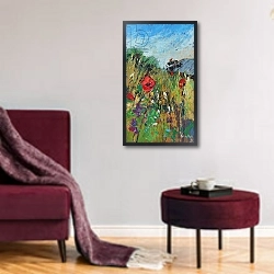 «Meadow Flowers, 2012, oil on board» в интерьере гостиной в бордовых тонах