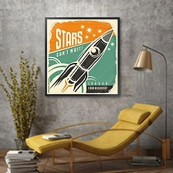 «Ретро-плакат с ракетным запуском» в интерьере в стиле лофт с желтым креслом