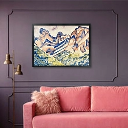 «Горный пейзаж» в интерьере гостиной с розовым диваном