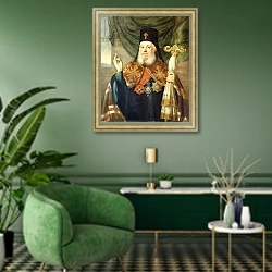 «Portrait of Platon, Metropolitan of Moscow and Kolomna» в интерьере гостиной в зеленых тонах