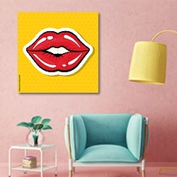 «Красные губы в стиле поп-арт» в интерьере комнаты в стиле поп-арт с розовыми стенами