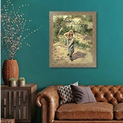 «Woman Digging in an Orchard, 1882» в интерьере гостиной с зеленой стеной над диваном