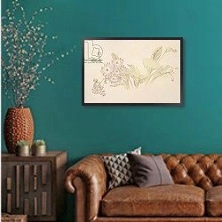 «Auricula» в интерьере гостиной с зеленой стеной над диваном