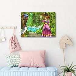 «cartoon summer scene with meadow in the forest with beautiful pr» в интерьере детской комнаты для девочки в пастельных тонах