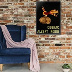 «Cognac Albert Robin» в интерьере в стиле лофт с кирпичной стеной и синим креслом